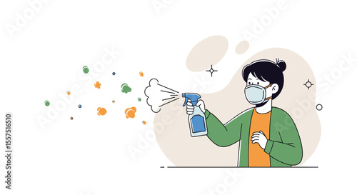 Person wearing a mask sprays a disinfectant from a bottle to clean the air and small particles floating around