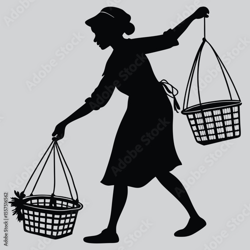 woman holding shopping basket silhouette vector design art and illustration