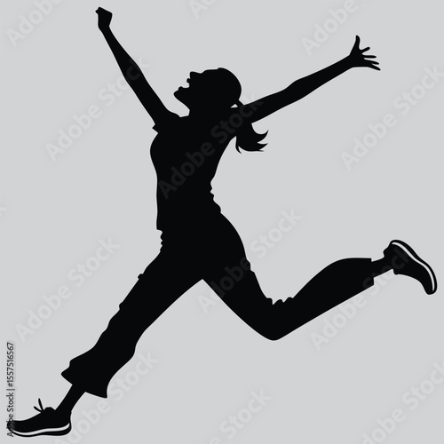 Woman leaping in excitement silhouette vector design art and illustration