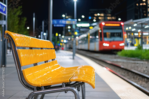 Comfortable bench on a train platform providing accessibility for passengers awaiting their trains in urban settings