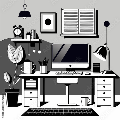 Cabinet with computer and hanging plants pen and books hand drawn concept isolated illustration