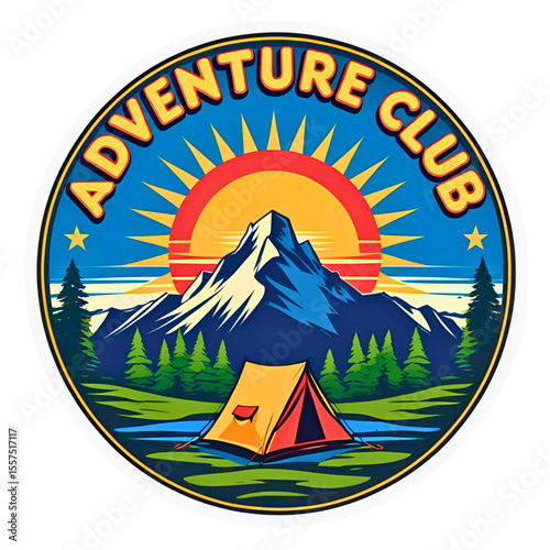 Adventure club emblem featuring a mountain landscape with a tent and sun