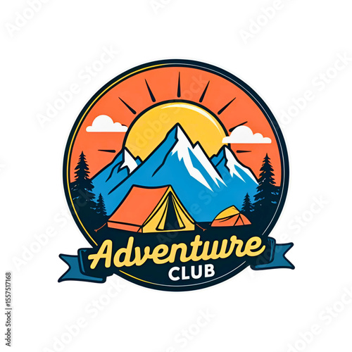 Adventure club emblem featuring tents and mountains under a bright sun
