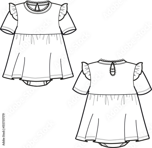 Baby girl dress. Newborn dress vector flat drawing. Newborn dress.