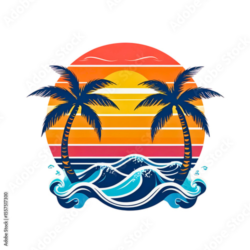 Retro surf beach sunset with palm tree and crashing waves graphic design