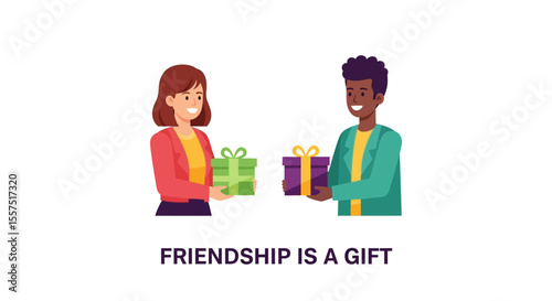Two Diverse Individuals Exchanging Gifts, Representing Friendship