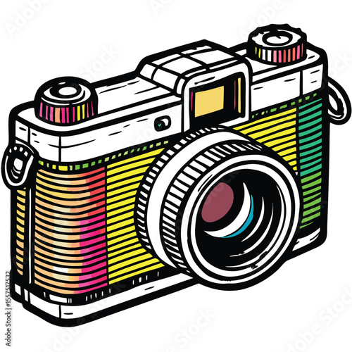 Vintage film camera with strap on white background