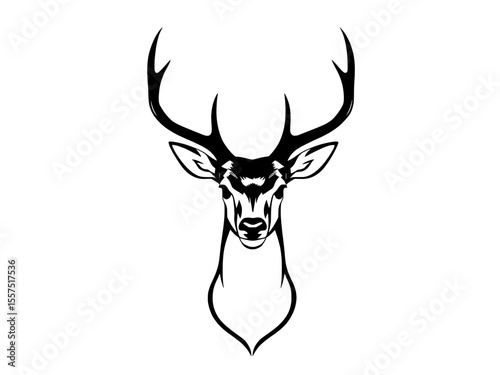 A minimalist, monochrome line art illustration of a deer's head, featuring prominent antlers extending upwards and creating a striking silhouette against a white background. Vector Illustration.	