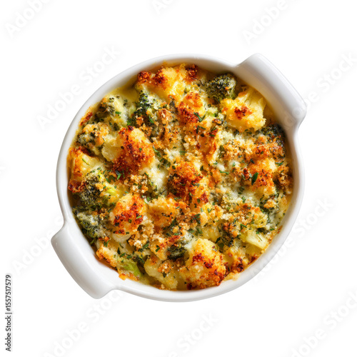 Creamy Broccoli and Cauliflower Cheese Casserole in White Baking Dish