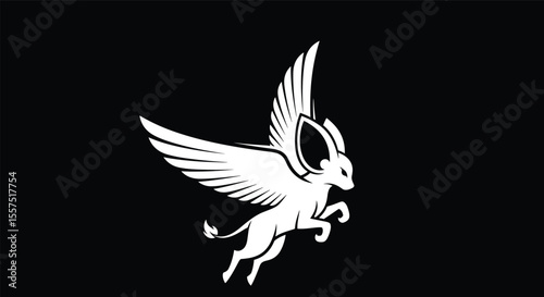 Mythological Creature with Rabbit Head and Griffin Body with Wings Flying Gracefully Against a Dark Background