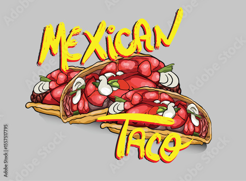 Delicious crunchy tacos with vegetables and meat reflecting on a surface