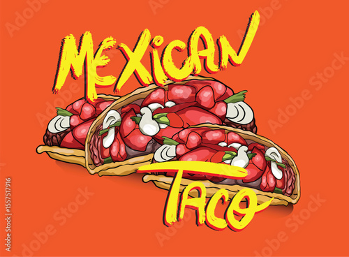 Delicious crunchy tacos with vegetables and meat reflecting on a surface