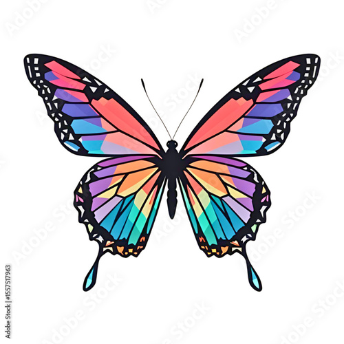 Vibrant geometric butterfly with colorful segmented wings on a black background