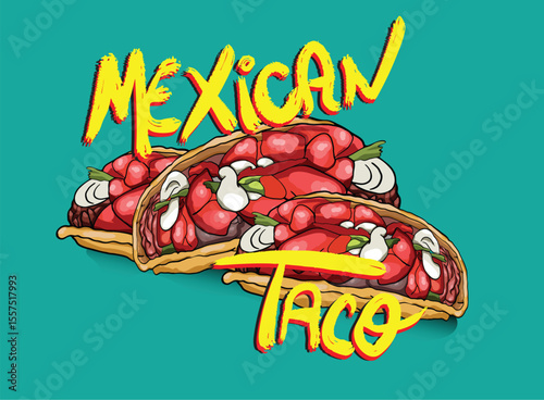 Delicious crunchy tacos with vegetables and meat reflecting on a surface