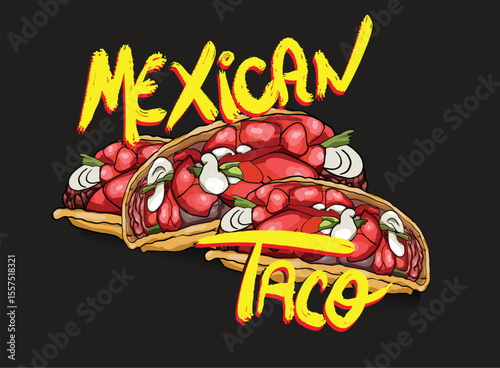 Delicious crunchy tacos with vegetables and meat reflecting on a surface