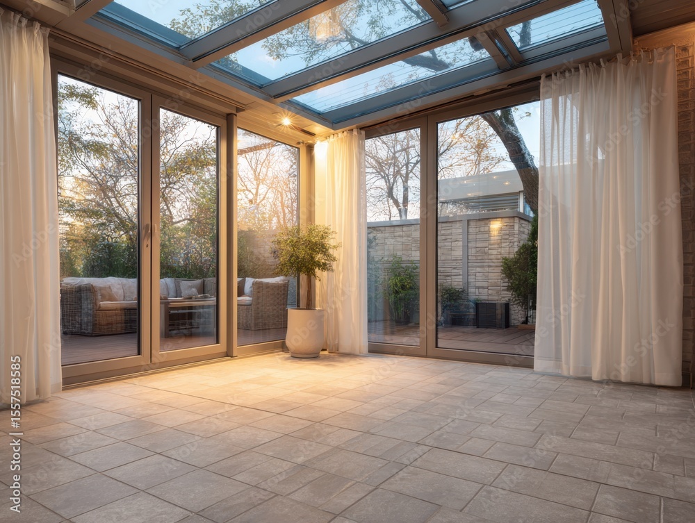 Obraz premium A large open room with a white curtain on the window. The room is empty and has a tile floor