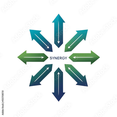 Synergy concept with arrows pointing outwards from a central point