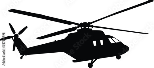 Helicopter vector illustration. Silhouette of a large helicopter in flight. Black and white helicopter.