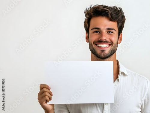 smiling man holding blank white sign for copy space, studio lighting on white background 

