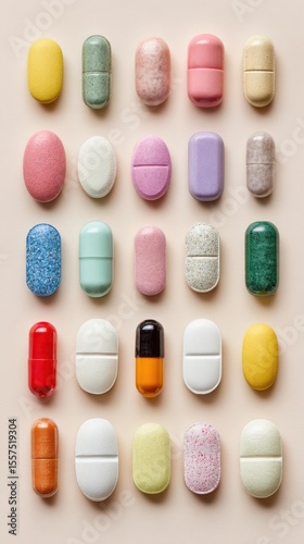 Flat lay of colorful pharmaceutical pills and supplements in various shapes and textures on soft pastel background perfect for healthcare posters, medication visuals and product banners