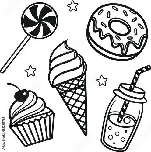 A vibrant vector illustration set of sweet cartoon ice cream and cupcake icons, perfect for a seamless dessert pattern