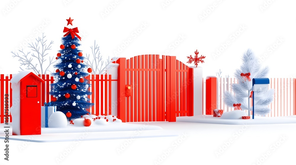 Fototapeta premium Festive red gate, Christmas trees, snow, mailbox, winter scene