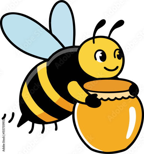 A cheerful cartoon bee carries a large pot of golden honey.