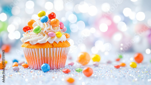Festive orange cupcake with candies, sparkly background, celebration