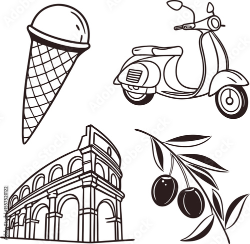 Cartoon vector art set featuring a scooter, a funny fish hat, and a delicious ice cream cone drawing