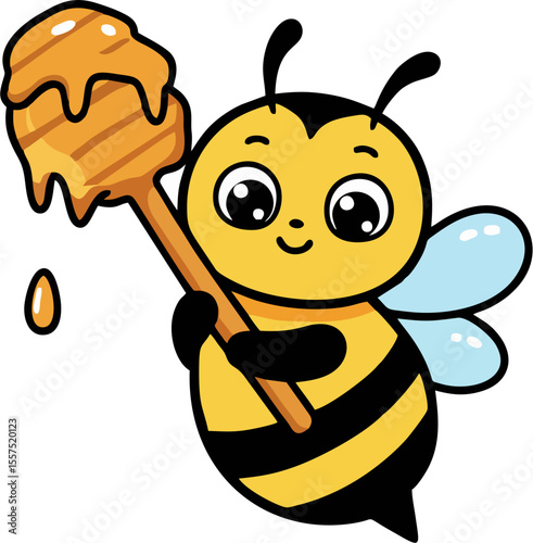A cartoon bee with large eyes holds a honey dipper with dripping honey.