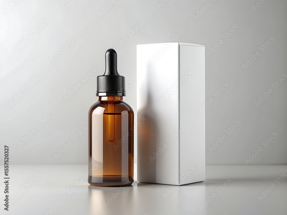 Naklejka premium Amber glass bottle with black dropper and white box isolated on a gray background