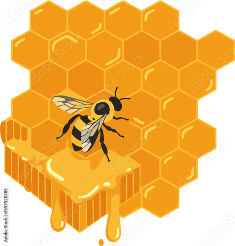 A cartoon bee rests on a dripping honeycomb, showcasing golden honey.