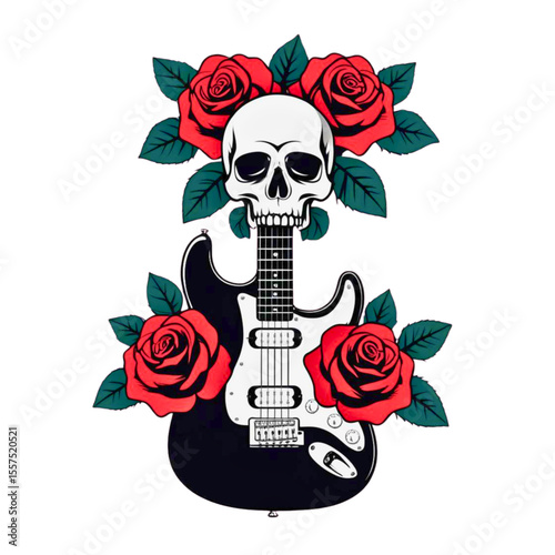 Skull and red roses adorn a black electric guitar on a black background