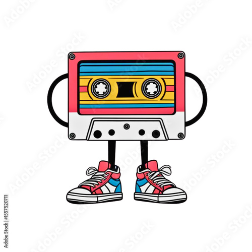 Retro cassette tape character with arms and legs wearing stylish sneakers