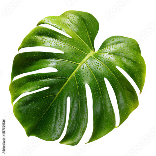 PNG Monstera Leaf Lush Tropical Foliage Dew Drops Vibrant Green against transparent Background