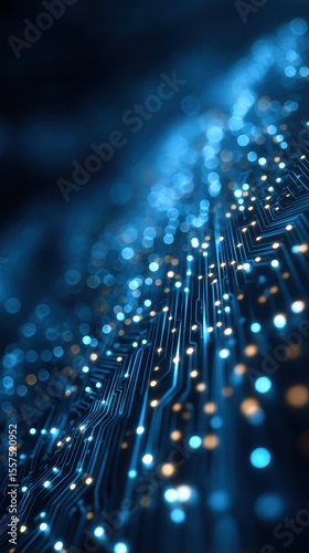 Glowing circuit board with blue & gold lights, blurry background