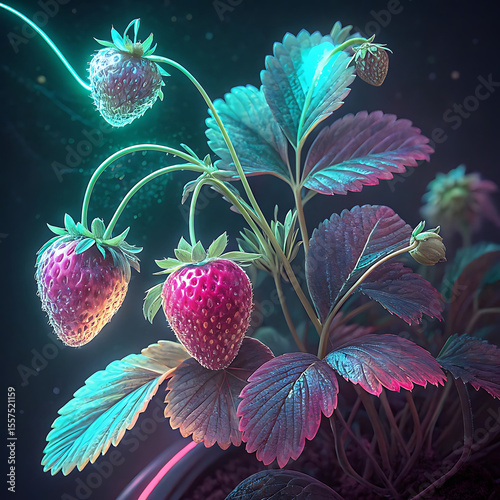 Neon Strawberry Plant with Glowing Berries A Futuristic Garden Scene Bathed in Vibrant Hues and Digital Light Effects