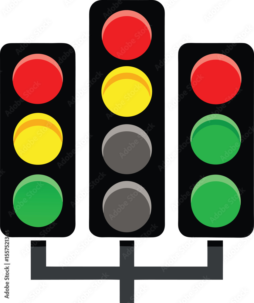 A stylized illustration of three traffic lights showing red yellow and green signals mounted on a dark gray pole