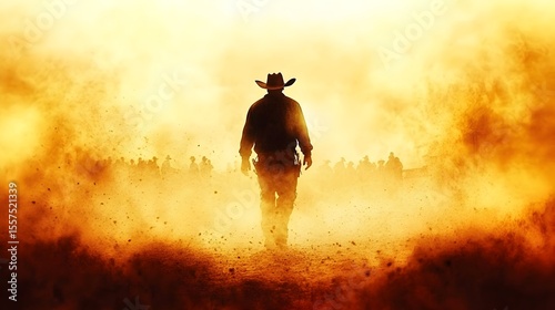 Lone Cowboy Walking Towards Dust Storm, Western