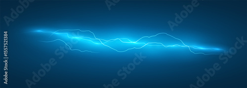 Flash of lightning on dark blue background. Night thunderstorm rays. Electric power charge. Vector illustration