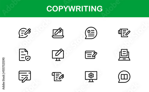 Copywriting Icon Set in Vector Style Featuring Writing, Content Creation, Editing, and Communication Symbols