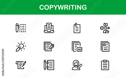 Copywriting Icon Set in Vector Style Featuring Writing, Content Creation, Editing, and Communication Symbols