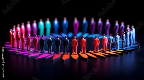 Miniature figures in circular meeting, dark background, business concept
