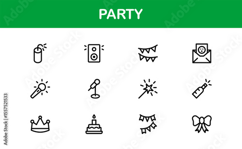 Festive Party Icons Pack in Minimal Line Art Style Showcasing Celebration, Food, Drinks, and Music