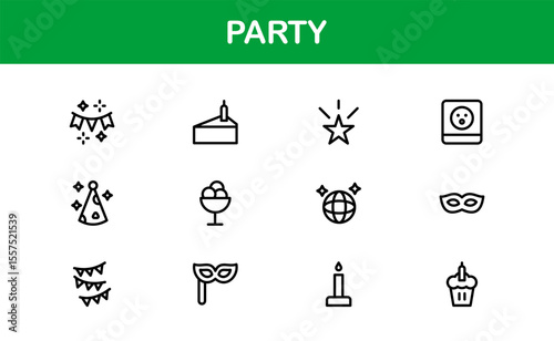 Festive Party Icons Pack in Minimal Line Art Style Showcasing Celebration, Food, Drinks, and Music