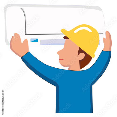 Illustration of Repairman Installing Air Conditioner