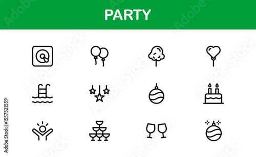 Festive Party Icons Pack in Minimal Line Art Style Showcasing Celebration, Food, Drinks, and Music