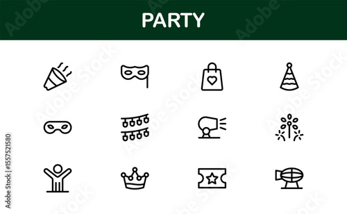 Festive Party Icons Pack in Minimal Line Art Style Showcasing Celebration, Food, Drinks, and Music