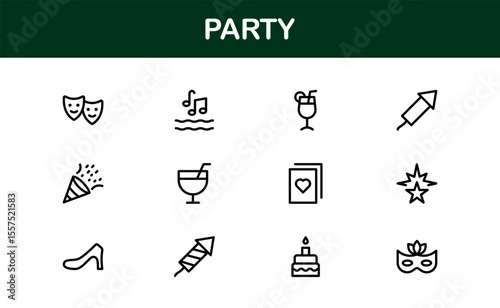 Festive Party Icons Pack in Minimal Line Art Style Showcasing Celebration, Food, Drinks, and Music