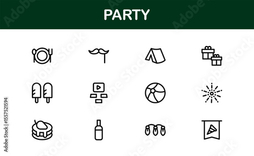 Festive Party Icons Pack in Minimal Line Art Style Showcasing Celebration, Food, Drinks, and Music